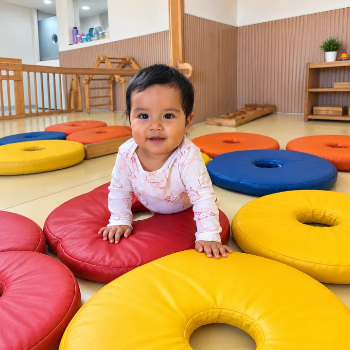 Bebê do Berçário I da Escola Sorriso em atividade motora