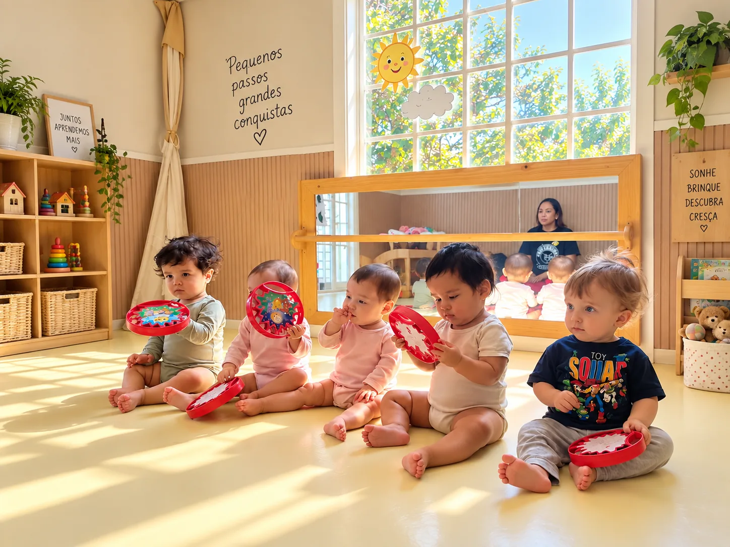 Bebês da Escola Sorriso participando de atividade de musicalidade com pandeiros