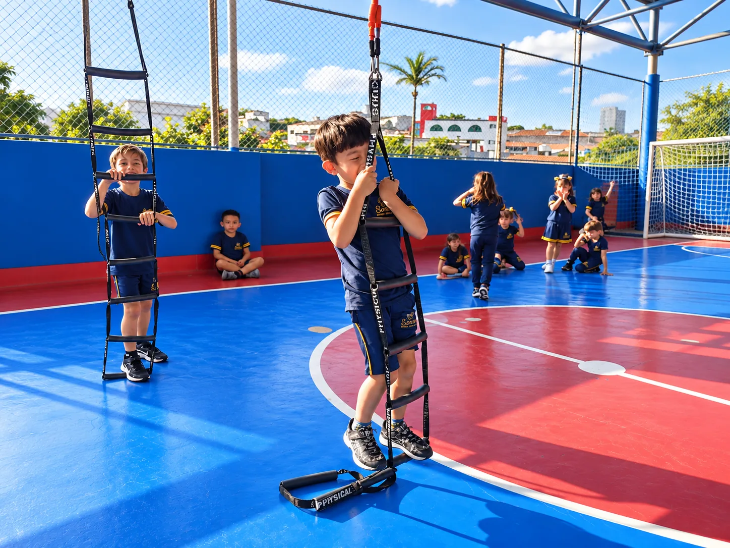 Alunos da Escola Sorriso praticando Cross Kids na quadra durante o período integral