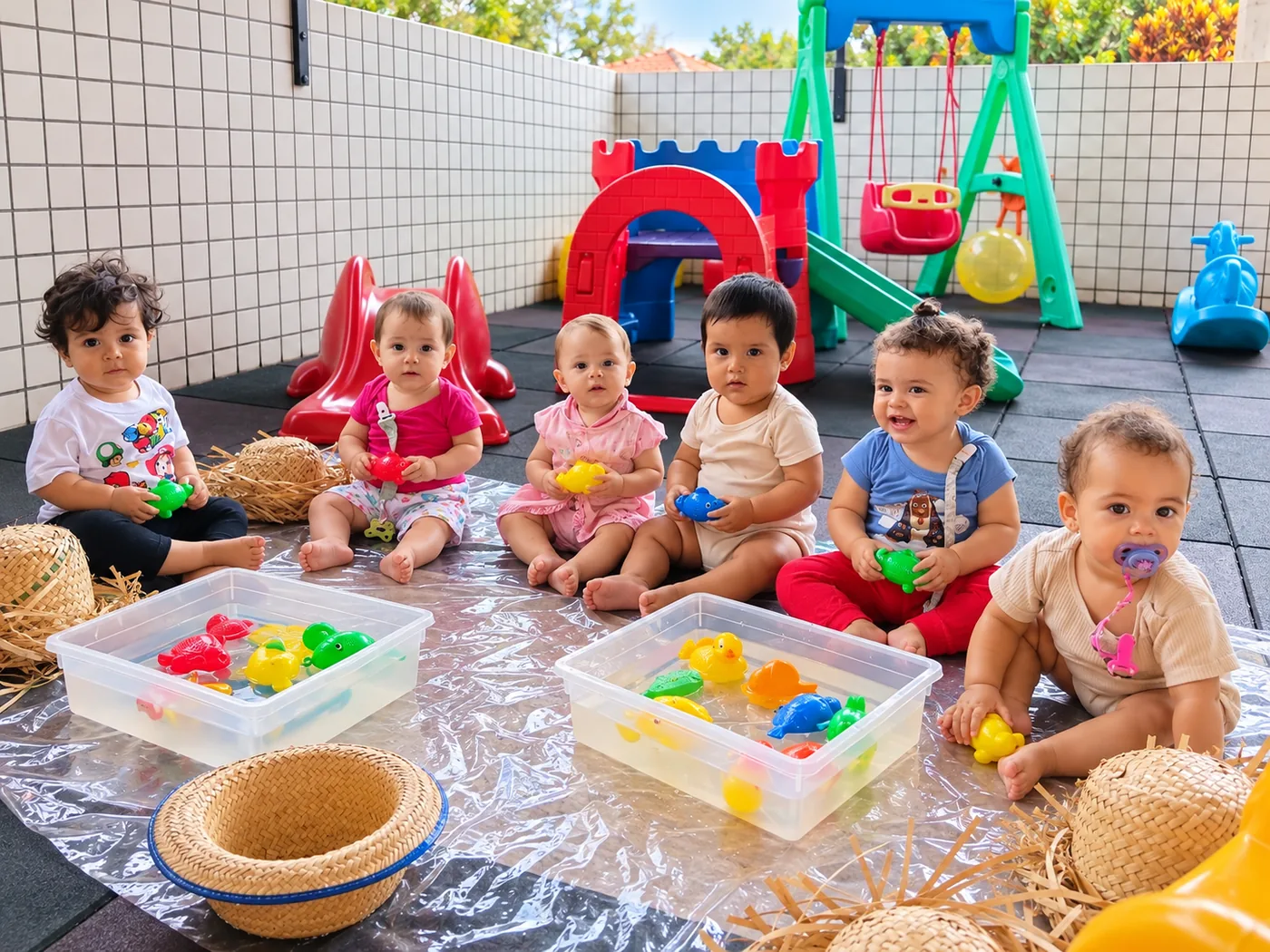 Bebês da Escola Sorriso participando de atividade sensorial do Sistema VIVA