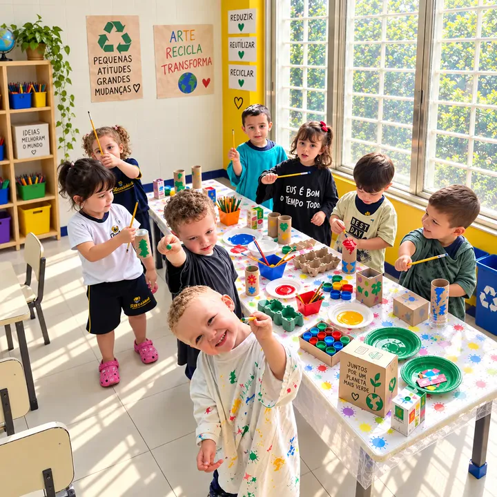 Turma do Maternal I da Escola Sorriso em atividade de arte e reciclagem
